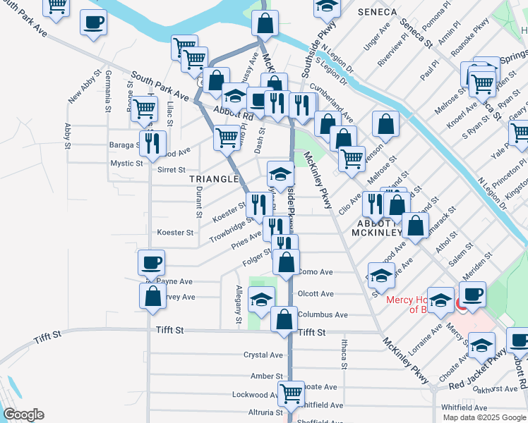 map of restaurants, bars, coffee shops, grocery stores, and more near 17 Josie Place in Buffalo