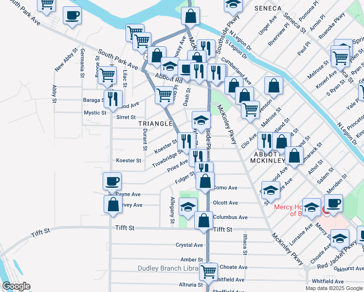 map of restaurants, bars, coffee shops, grocery stores, and more near 170 Trowbridge Street in Buffalo