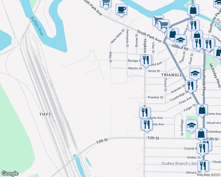 map of restaurants, bars, coffee shops, grocery stores, and more near 100 Abby Street in Buffalo