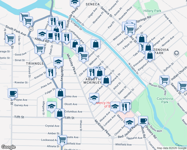 map of restaurants, bars, coffee shops, grocery stores, and more near in Buffalo