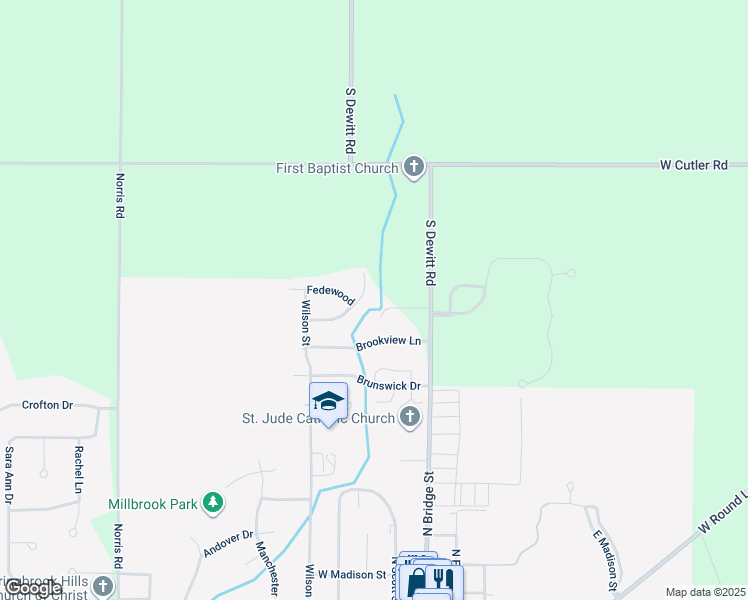 map of restaurants, bars, coffee shops, grocery stores, and more near 2485 Julie Way in DeWitt