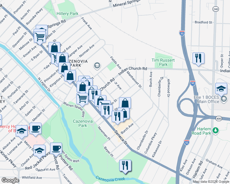 map of restaurants, bars, coffee shops, grocery stores, and more near 19 Dismonda Street in Buffalo
