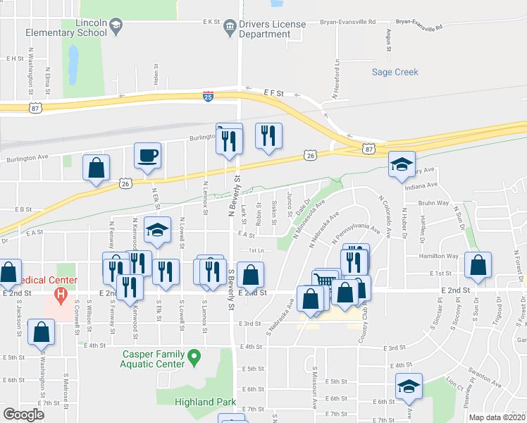map of restaurants, bars, coffee shops, grocery stores, and more near 305 Robin Street in Casper