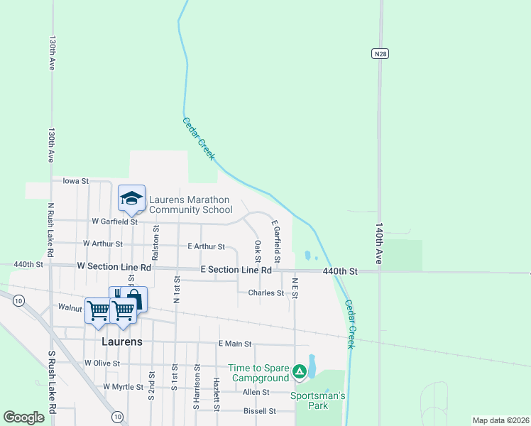 map of restaurants, bars, coffee shops, grocery stores, and more near 413 East Garfield Street in Laurens