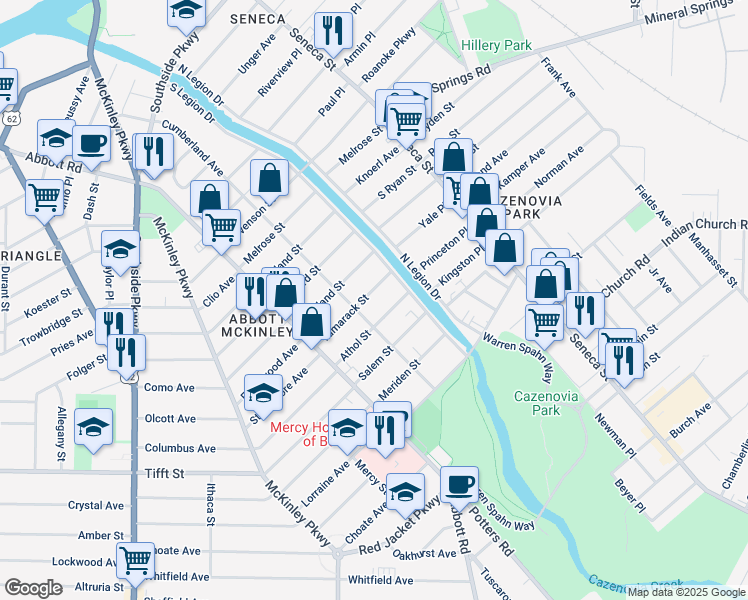 map of restaurants, bars, coffee shops, grocery stores, and more near 82 Athol Street in Buffalo