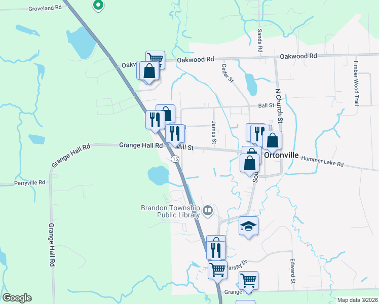 map of restaurants, bars, coffee shops, grocery stores, and more near 35 South Narrin Street in Brandon Township