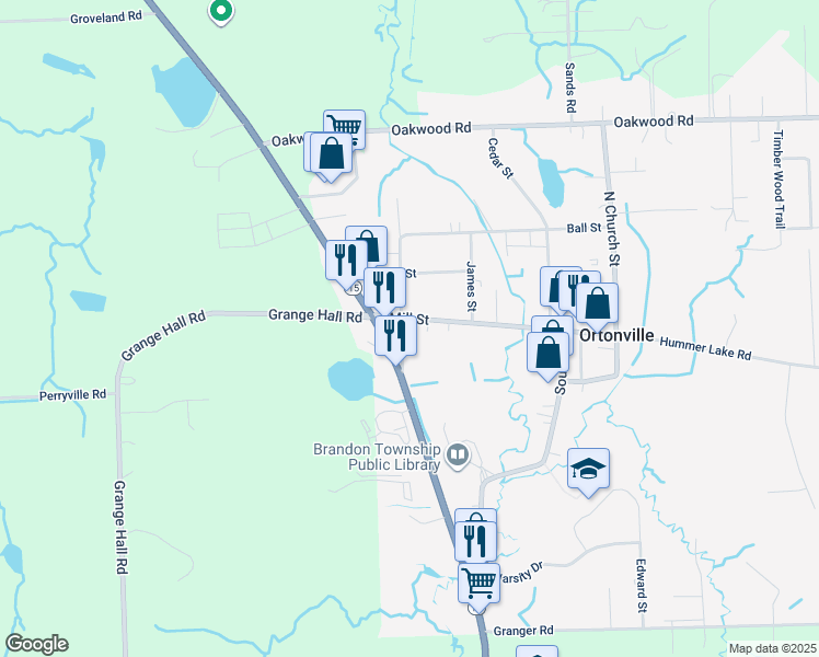 map of restaurants, bars, coffee shops, grocery stores, and more near 35 South Narrin Street in Brandon Township