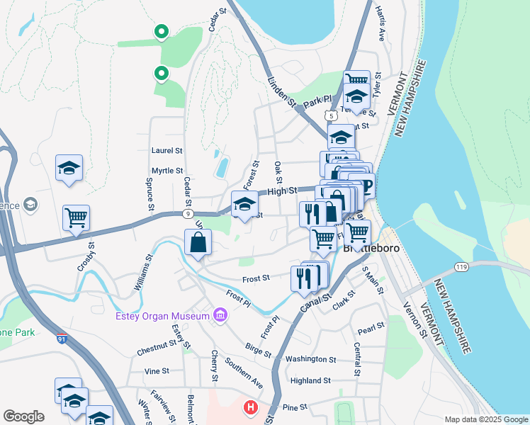 map of restaurants, bars, coffee shops, grocery stores, and more near 146 Green Street in Brattleboro