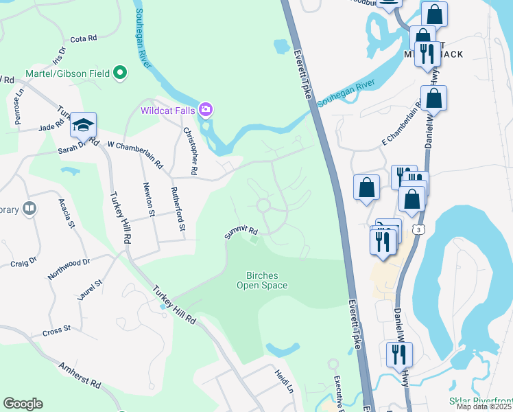 map of restaurants, bars, coffee shops, grocery stores, and more near 5 Burberry Court in Merrimack