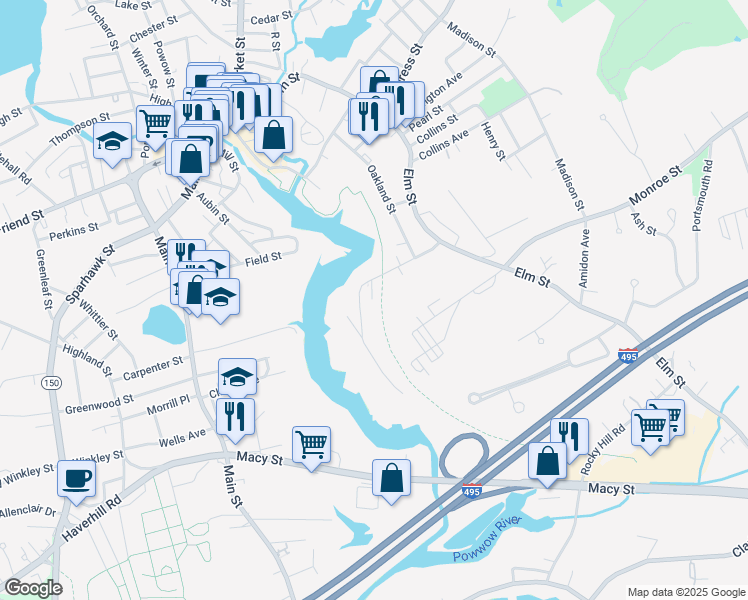 map of restaurants, bars, coffee shops, grocery stores, and more near 1 River Court in Amesbury
