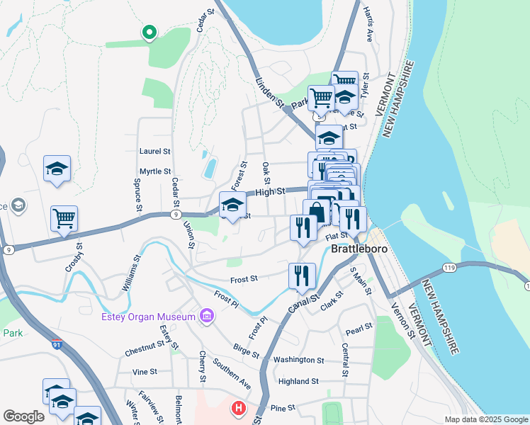 map of restaurants, bars, coffee shops, grocery stores, and more near 7 School Street in Brattleboro