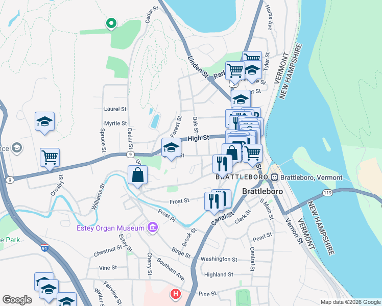 map of restaurants, bars, coffee shops, grocery stores, and more near 146 Green Street in Brattleboro