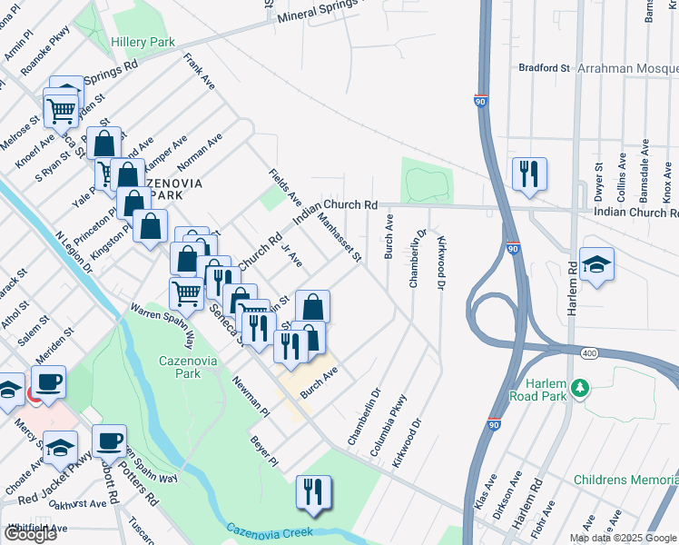 map of restaurants, bars, coffee shops, grocery stores, and more near 124 Edson Street in Buffalo