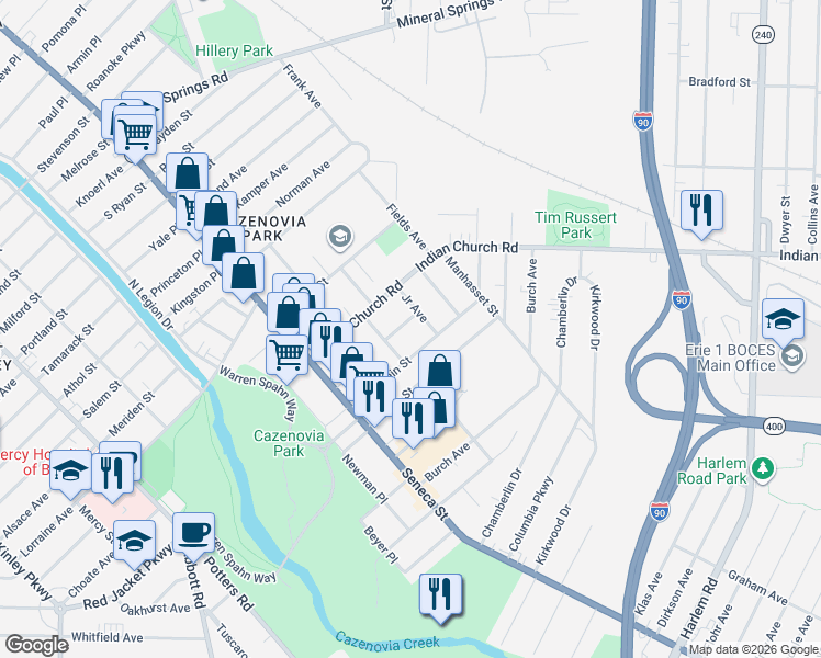 map of restaurants, bars, coffee shops, grocery stores, and more near 92 Duerstein Street in Buffalo
