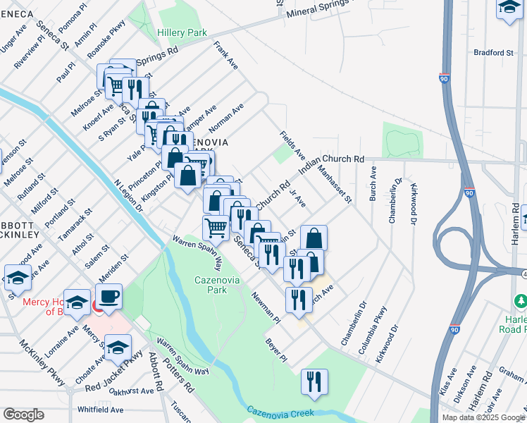 map of restaurants, bars, coffee shops, grocery stores, and more near 31 Hillside Avenue in Buffalo