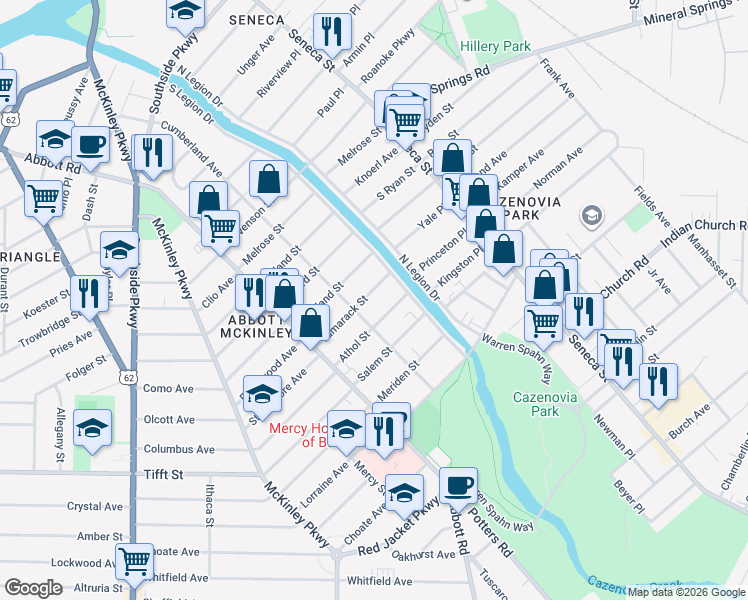 map of restaurants, bars, coffee shops, grocery stores, and more near 82 Athol Street in Buffalo
