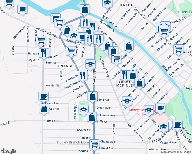 map of restaurants, bars, coffee shops, grocery stores, and more near 121 Southside Parkway in Buffalo
