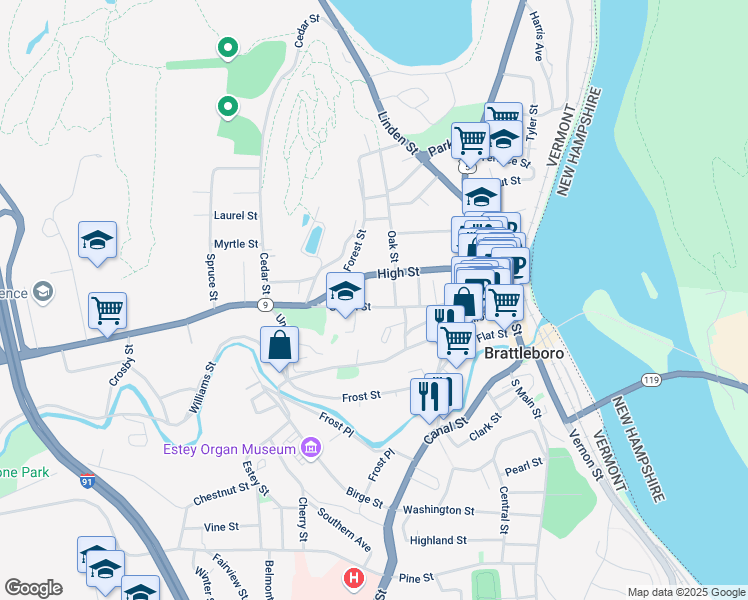 map of restaurants, bars, coffee shops, grocery stores, and more near 146 Green Street in Brattleboro