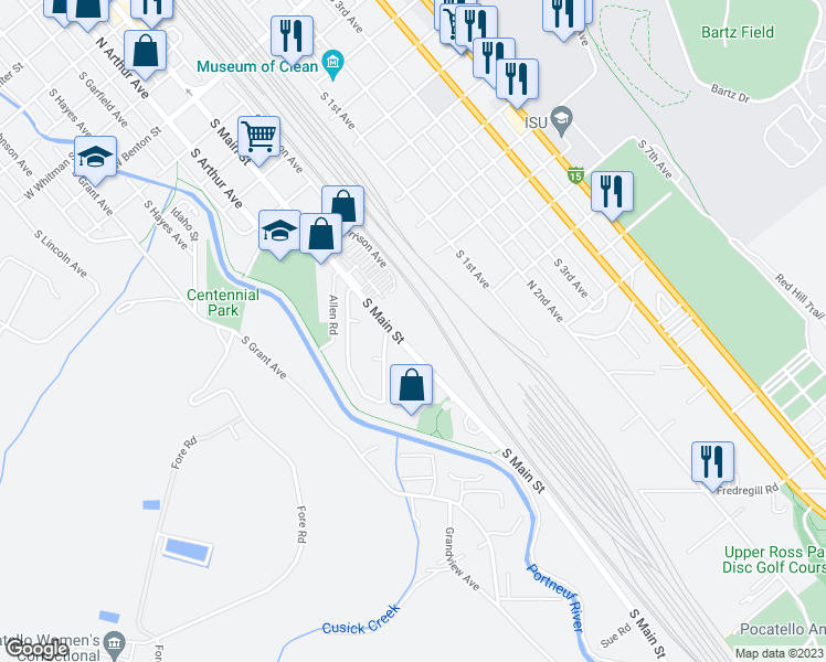 map of restaurants, bars, coffee shops, grocery stores, and more near 1450 South Main Street in Pocatello
