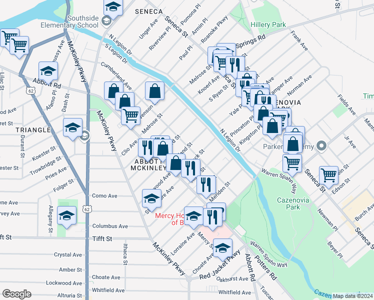 map of restaurants, bars, coffee shops, grocery stores, and more near 293 Cumberland Avenue in Buffalo