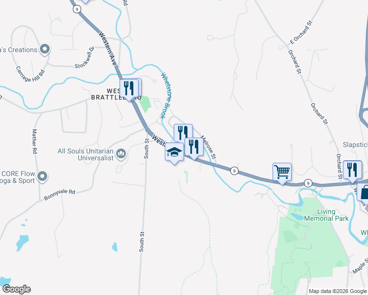 map of restaurants, bars, coffee shops, grocery stores, and more near 205 Western Avenue in West Brattleboro
