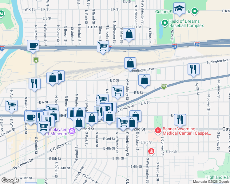 map of restaurants, bars, coffee shops, grocery stores, and more near 224 North Jefferson Street in Casper