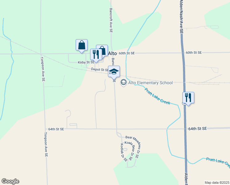 map of restaurants, bars, coffee shops, grocery stores, and more near 6150 Bancroft Avenue Southeast in Alto