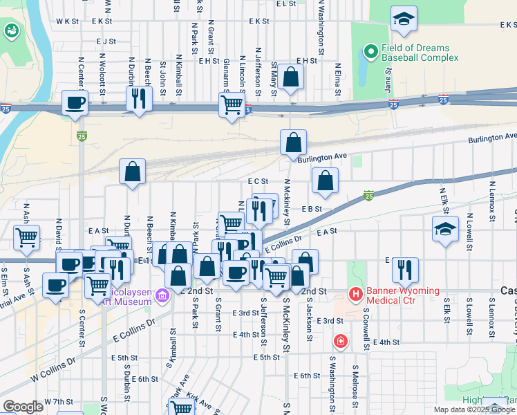 map of restaurants, bars, coffee shops, grocery stores, and more near 224 North Jefferson Street in Casper