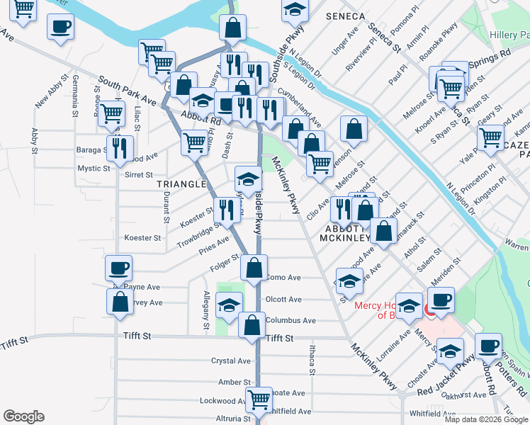map of restaurants, bars, coffee shops, grocery stores, and more near 121 Southside Parkway in Buffalo
