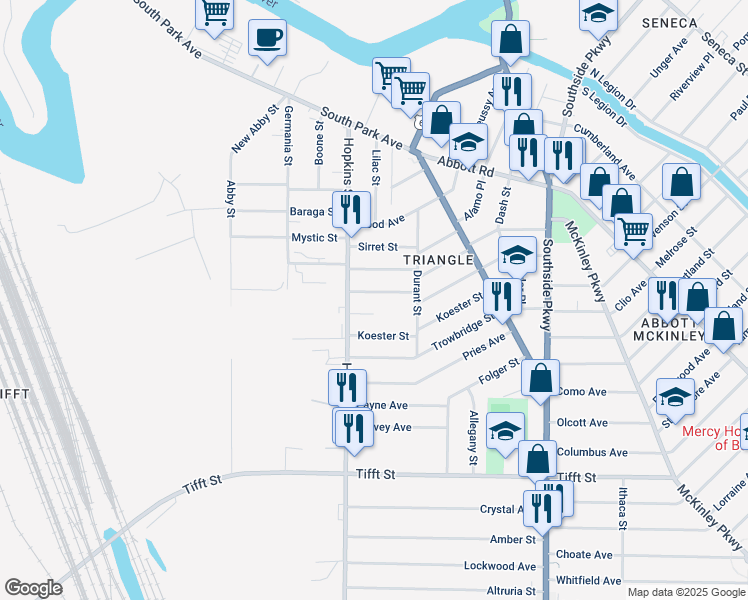 map of restaurants, bars, coffee shops, grocery stores, and more near 9 Osage Street in Buffalo