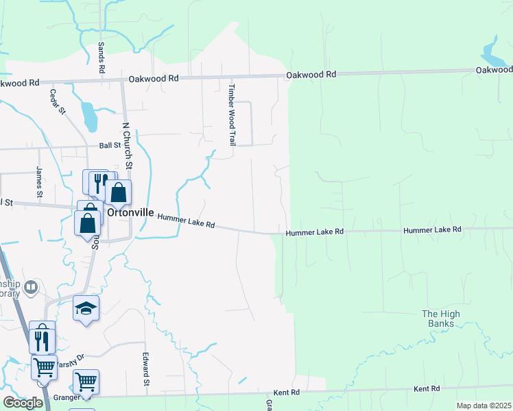 map of restaurants, bars, coffee shops, grocery stores, and more near 74 Village Court in Brandon Township