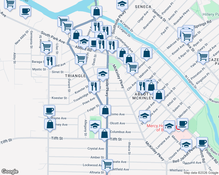 map of restaurants, bars, coffee shops, grocery stores, and more near 121 Southside Parkway in Buffalo