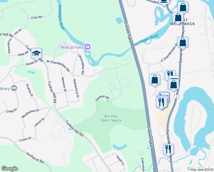 map of restaurants, bars, coffee shops, grocery stores, and more near 3 Burberry Court in Merrimack