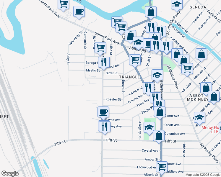 map of restaurants, bars, coffee shops, grocery stores, and more near 9 Osage Street in Buffalo