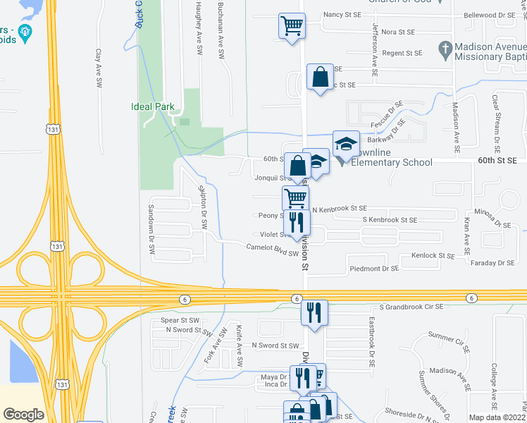 map of restaurants, bars, coffee shops, grocery stores, and more near 103 Peony Street Southwest in Grand Rapids