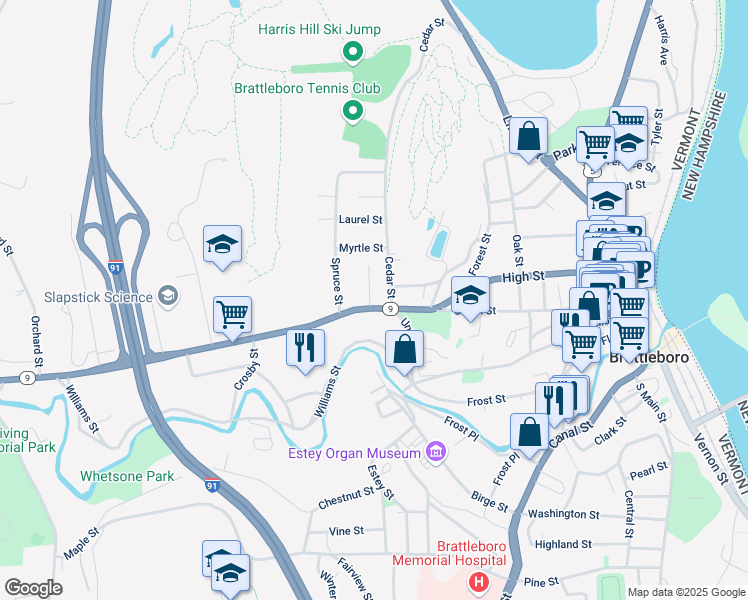 map of restaurants, bars, coffee shops, grocery stores, and more near 7 Union Street in Brattleboro