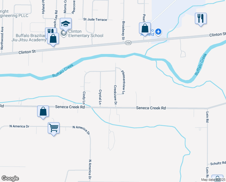 map of restaurants, bars, coffee shops, grocery stores, and more near 16 Creekview Drive in West Seneca
