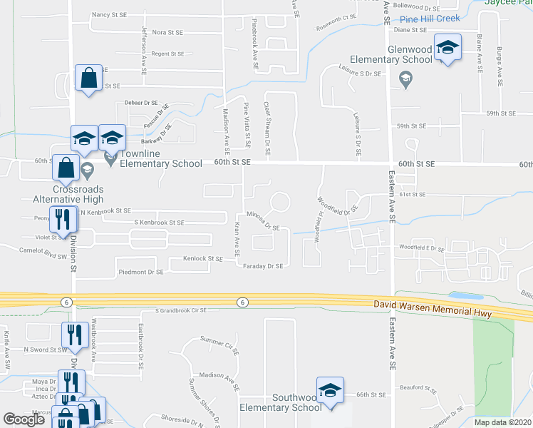 map of restaurants, bars, coffee shops, grocery stores, and more near 6170 Minosa Drive Southeast in Grand Rapids