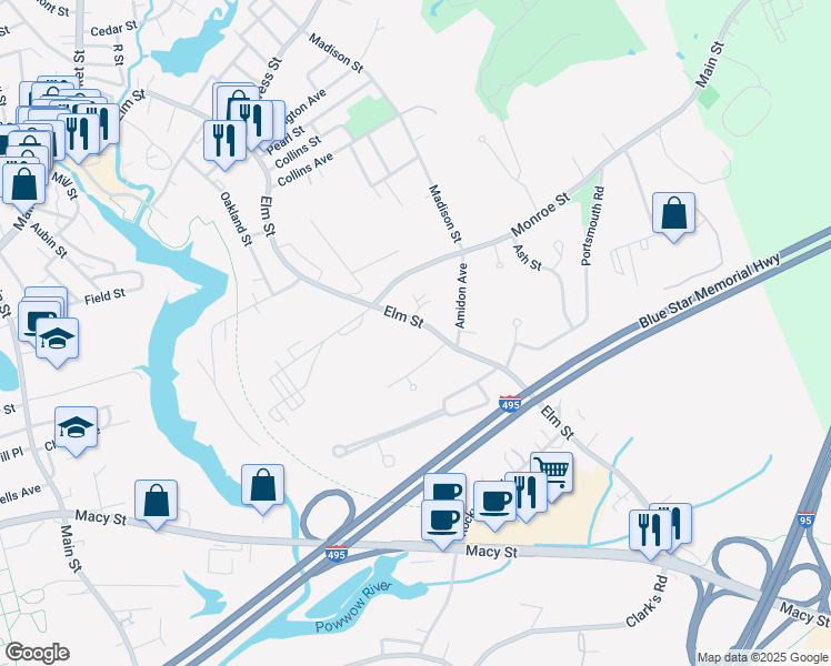 map of restaurants, bars, coffee shops, grocery stores, and more near 10 Cote Street in Amesbury