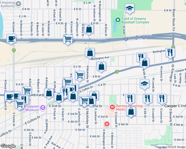 map of restaurants, bars, coffee shops, grocery stores, and more near 1105 East B Street in Casper