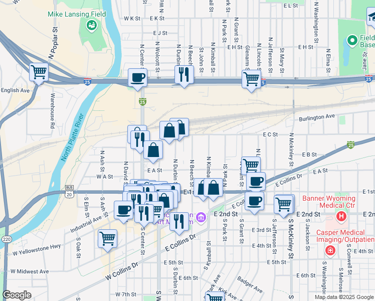 map of restaurants, bars, coffee shops, grocery stores, and more near 228 South Beech Street in Casper
