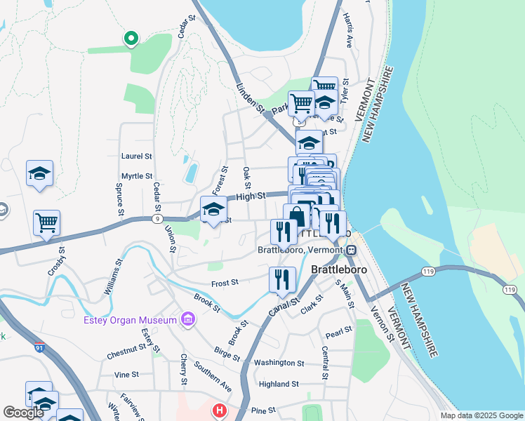 map of restaurants, bars, coffee shops, grocery stores, and more near 7 School Street in Brattleboro