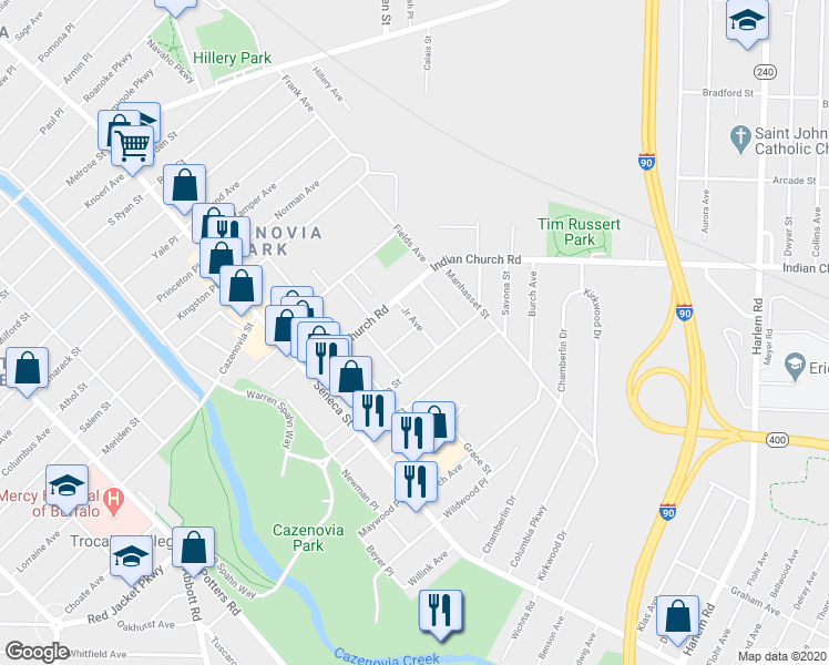 map of restaurants, bars, coffee shops, grocery stores, and more near 92 Duerstein Street in Buffalo