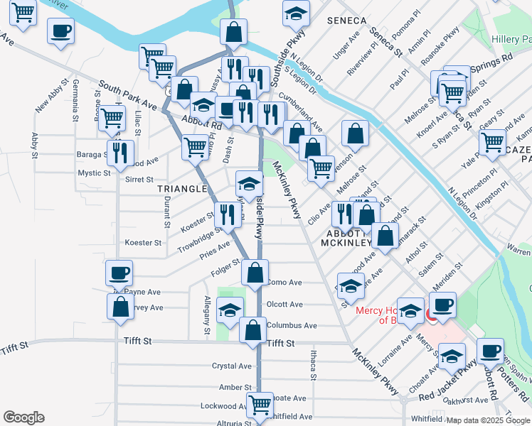 map of restaurants, bars, coffee shops, grocery stores, and more near 121 Southside Parkway in Buffalo