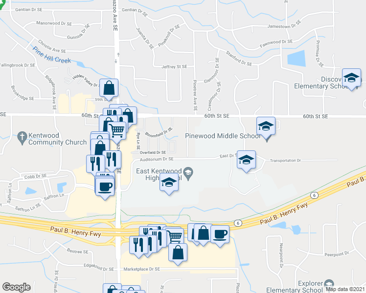 map of restaurants, bars, coffee shops, grocery stores, and more near 6136 Campus Park Drive Southeast in Kentwood
