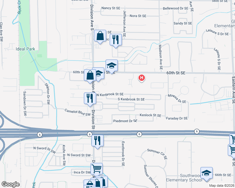 map of restaurants, bars, coffee shops, grocery stores, and more near 201-299 North Green Meadows Street Southeast in Grand Rapids