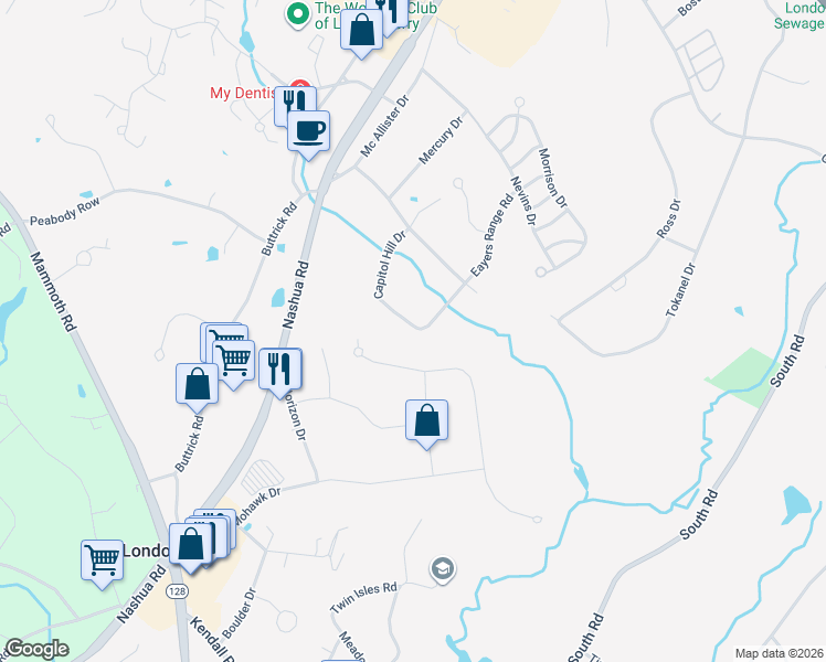 map of restaurants, bars, coffee shops, grocery stores, and more near 119 Capitol Hill Drive in Londonderry