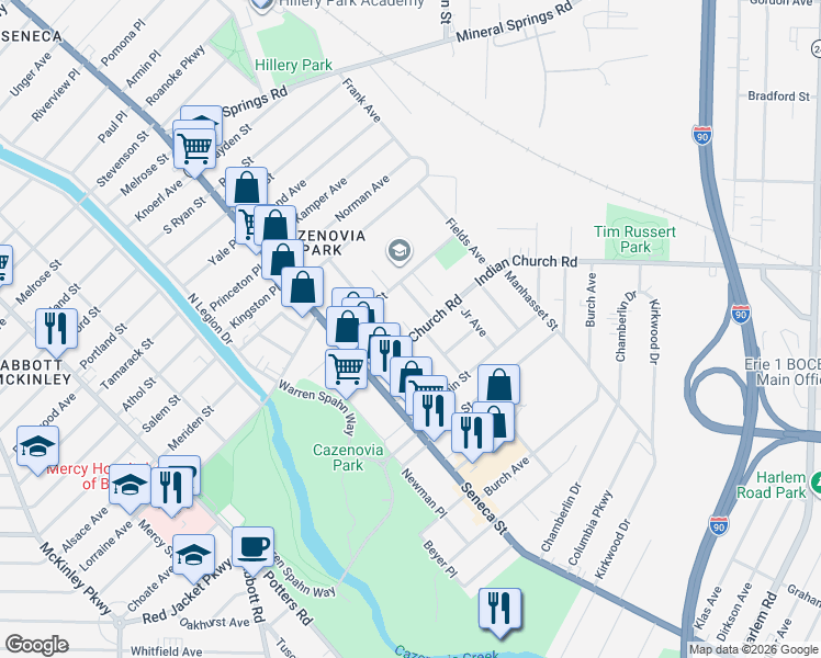 map of restaurants, bars, coffee shops, grocery stores, and more near 69 Buffum Street in Buffalo