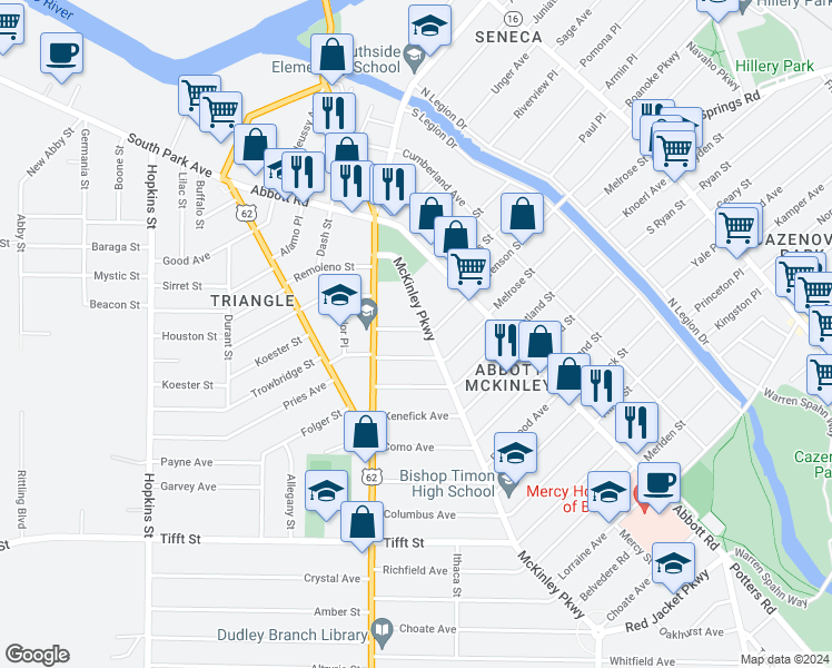 map of restaurants, bars, coffee shops, grocery stores, and more near 808 McKinley Parkway in Buffalo