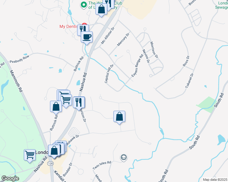 map of restaurants, bars, coffee shops, grocery stores, and more near 112 Capitol Hill Drive in Londonderry